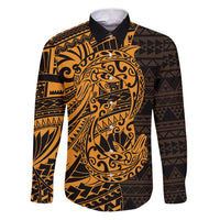 Gold Couple Dolphins Maori Polynesian Style Family Matching Puletasi and Hawaiian Shirt LT9 Dad's Shirt - Long Sleeve Gold - Polynesian Pride