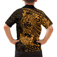 Gold Couple Dolphins Maori Polynesian Style Family Matching Short Sleeve Bodycon Dress and Hawaiian Shirt LT9 - Polynesian Pride