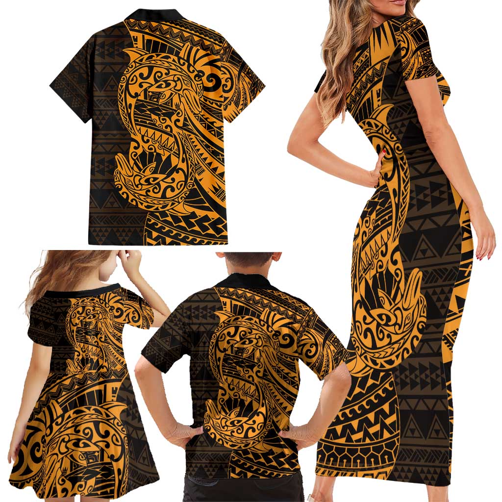 Gold Couple Dolphins Maori Polynesian Style Family Matching Short Sleeve Bodycon Dress and Hawaiian Shirt LT9 - Polynesian Pride