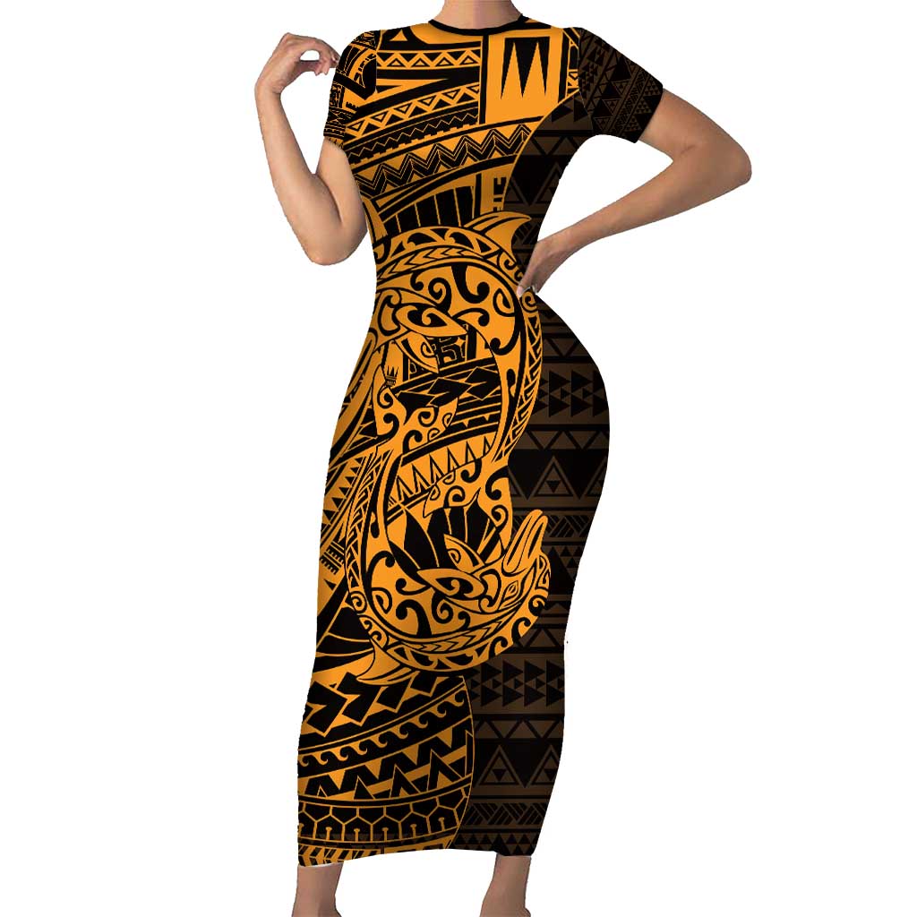 Gold Couple Dolphins Maori Polynesian Style Family Matching Short Sleeve Bodycon Dress and Hawaiian Shirt LT9 Mom's Dress Gold - Polynesian Pride