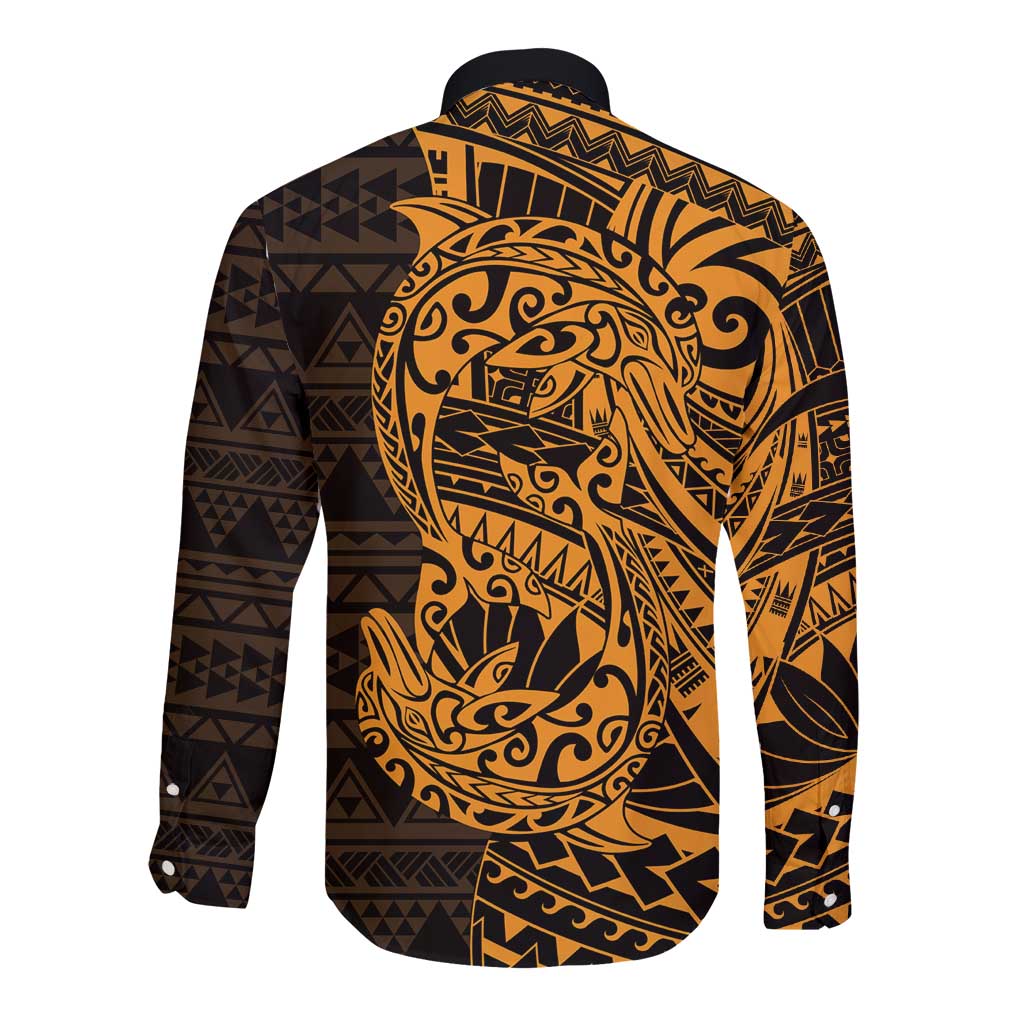 Gold Couple Dolphins Maori Polynesian Style Long Sleeve Button Shirt