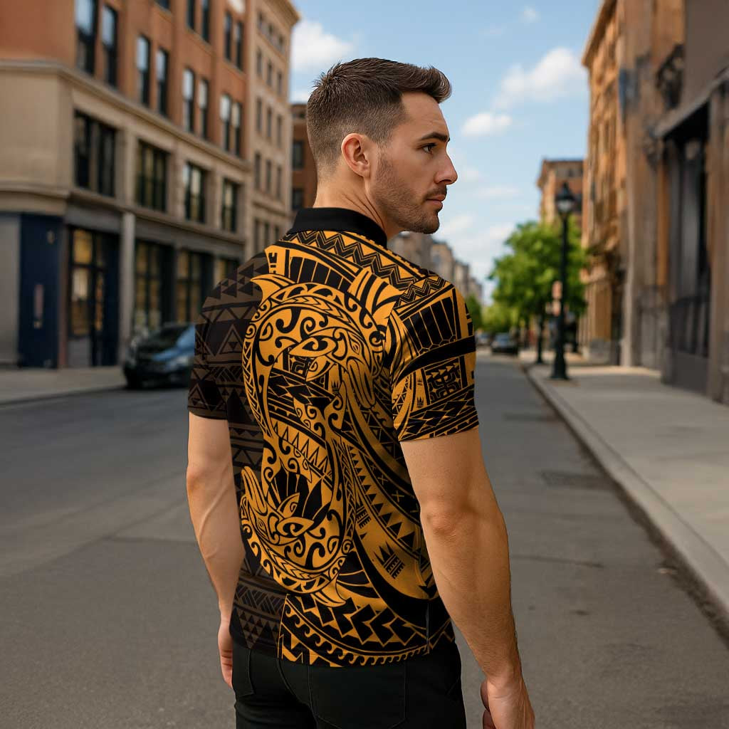 Gold Couple Dolphins Maori Polynesian Style Zipper Polo Shirt - Polynesian Pride