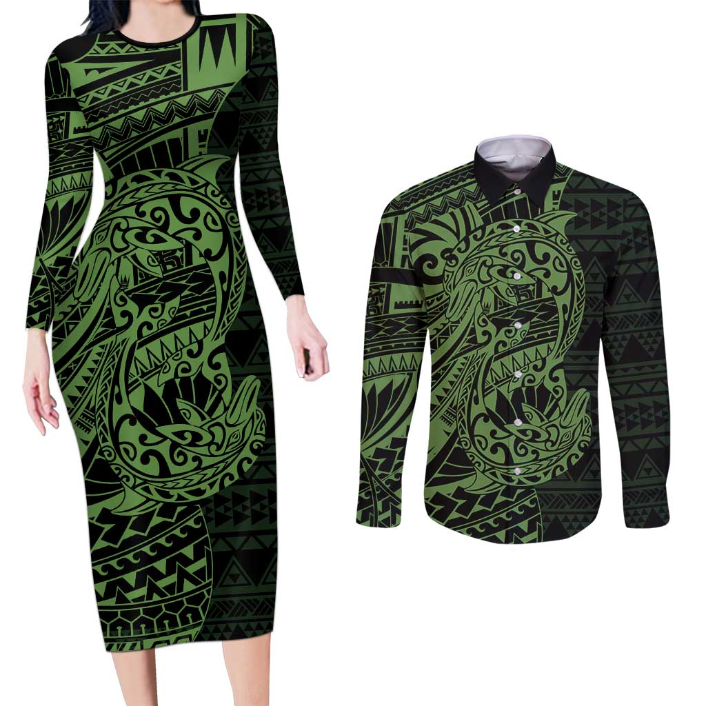 Green Couple Dolphins Maori Polynesian Style Couples Matching Long Sleeve Bodycon Dress and Long Sleeve Button Shirt LT9 Green - Polynesian Pride