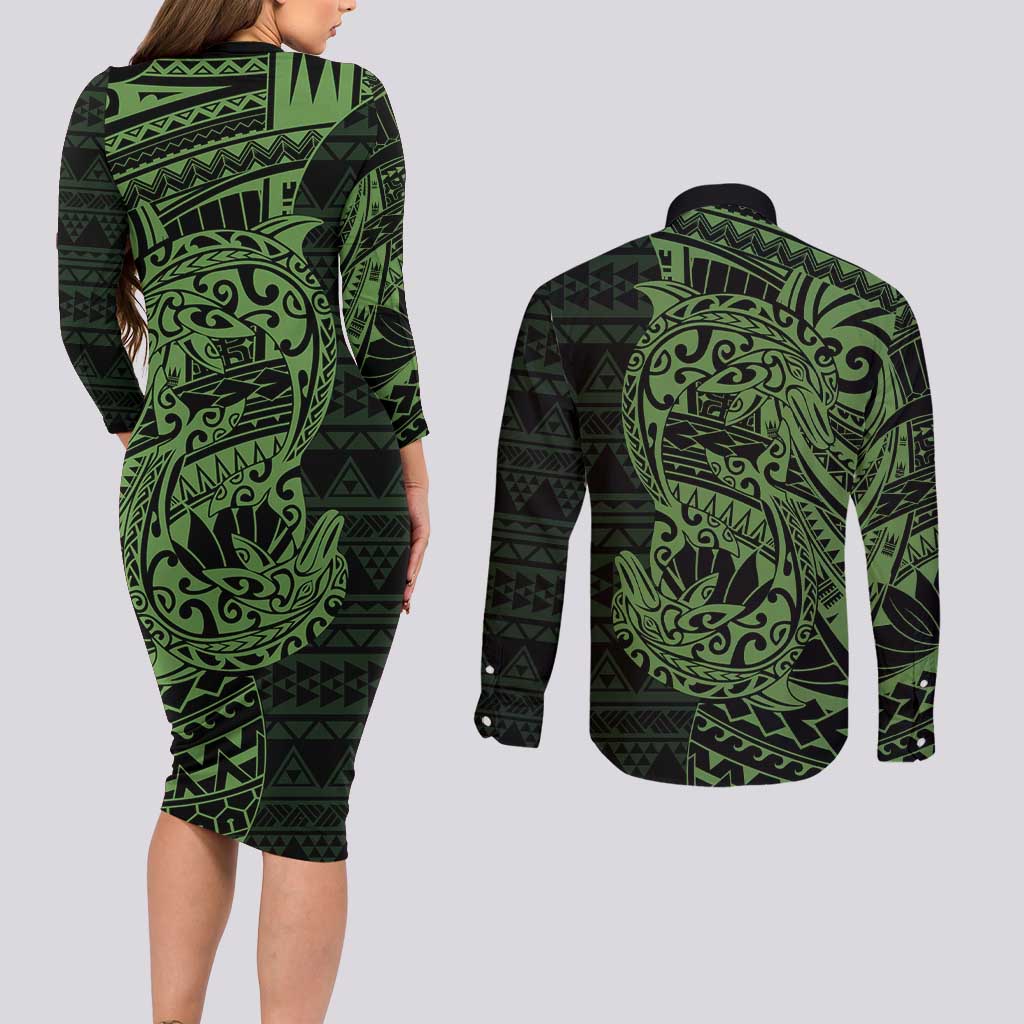 Green Couple Dolphins Maori Polynesian Style Couples Matching Long Sleeve Bodycon Dress and Long Sleeve Button Shirt LT9 - Polynesian Pride