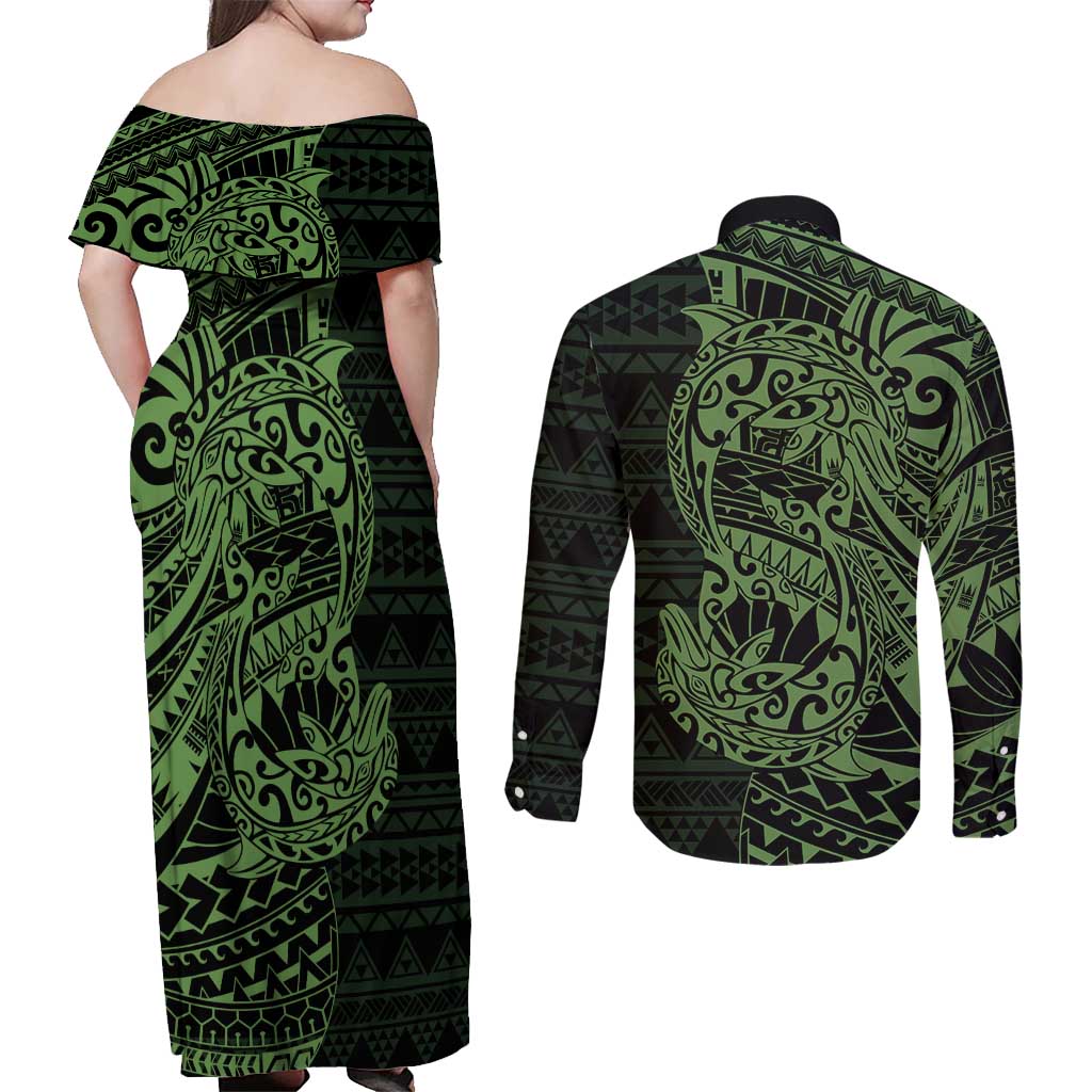 Green Couple Dolphins Maori Polynesian Style Couples Matching Off Shoulder Maxi Dress and Long Sleeve Button Shirt