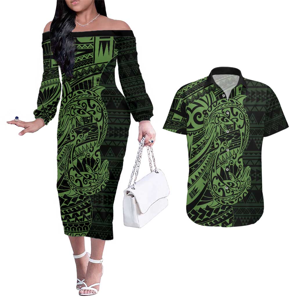Green Couple Dolphins Maori Polynesian Style Couples Matching Off The Shoulder Long Sleeve Dress and Hawaiian Shirt LT9 Green - Polynesian Pride