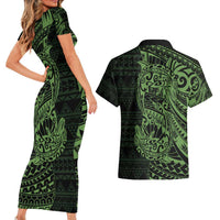 Green Couple Dolphins Maori Polynesian Style Couples Matching Short Sleeve Bodycon Dress and Hawaiian Shirt LT9 - Polynesian Pride