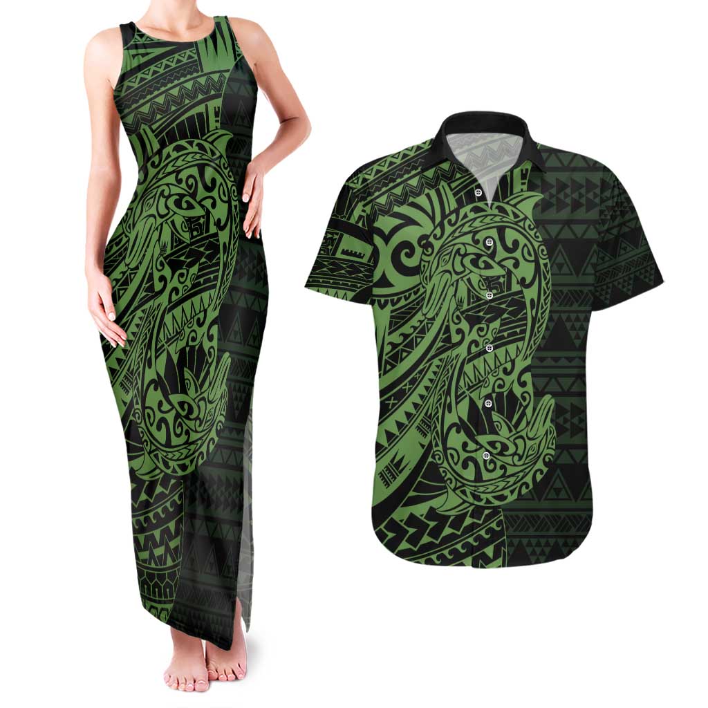 Green Couple Dolphins Maori Polynesian Style Couples Matching Tank Maxi Dress and Hawaiian Shirt LT9 Green - Polynesian Pride