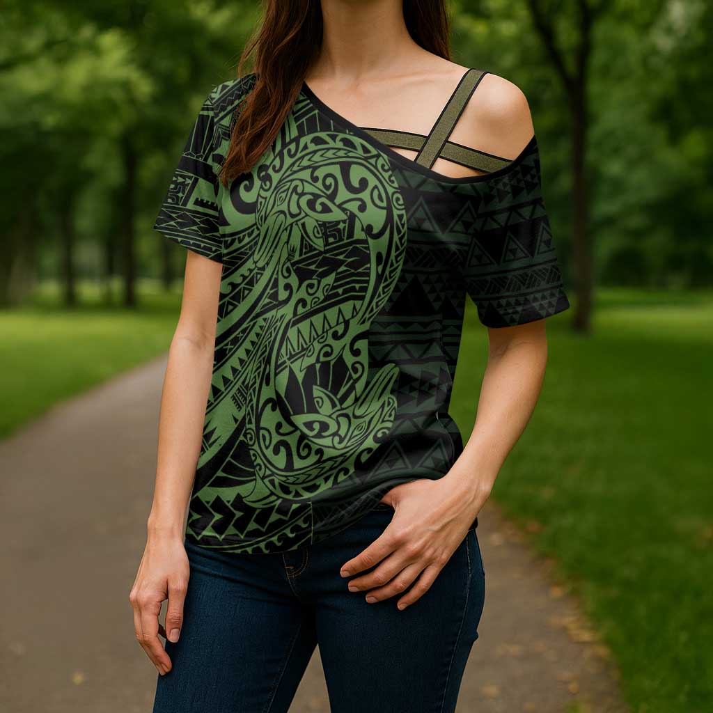 Green Couple Dolphins Maori Polynesian Style Cross Shoulder Shirt - Polynesian Pride