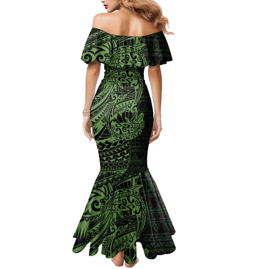 Green Couple Dolphins Maori Polynesian Style Family Matching Mermaid Dress and Hawaiian Shirt LT9 - Polynesian Pride