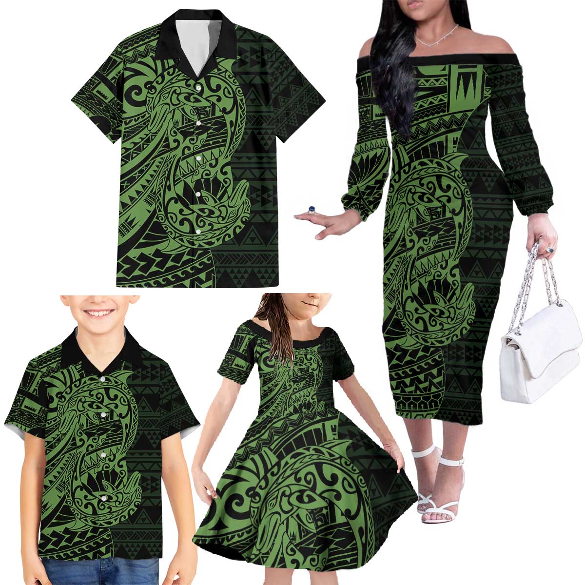 Green Couple Dolphins Maori Polynesian Style Family Matching Off The Shoulder Long Sleeve Dress and Hawaiian Shirt LT9 - Polynesian Pride