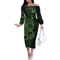 Green Couple Dolphins Maori Polynesian Style Family Matching Off The Shoulder Long Sleeve Dress and Hawaiian Shirt LT9 Mom's Dress Green - Polynesian Pride