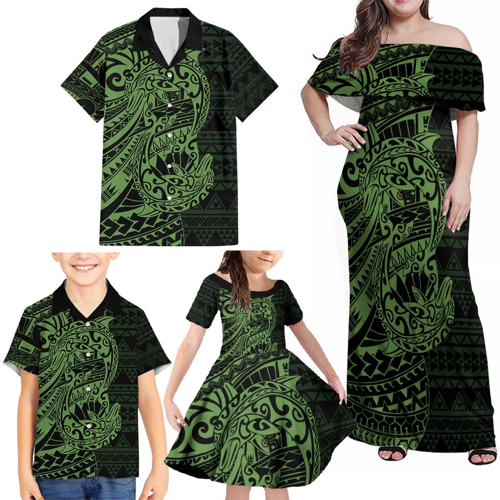 Green Couple Dolphins Maori Polynesian Style Family Matching Off Shoulder Maxi Dress and Hawaiian Shirt LT9 - Polynesian Pride