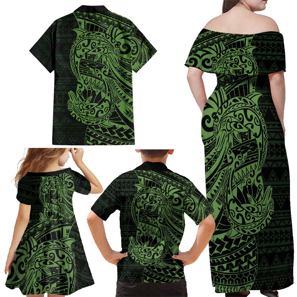 Green Couple Dolphins Maori Polynesian Style Family Matching Off Shoulder Maxi Dress and Hawaiian Shirt LT9 - Polynesian Pride
