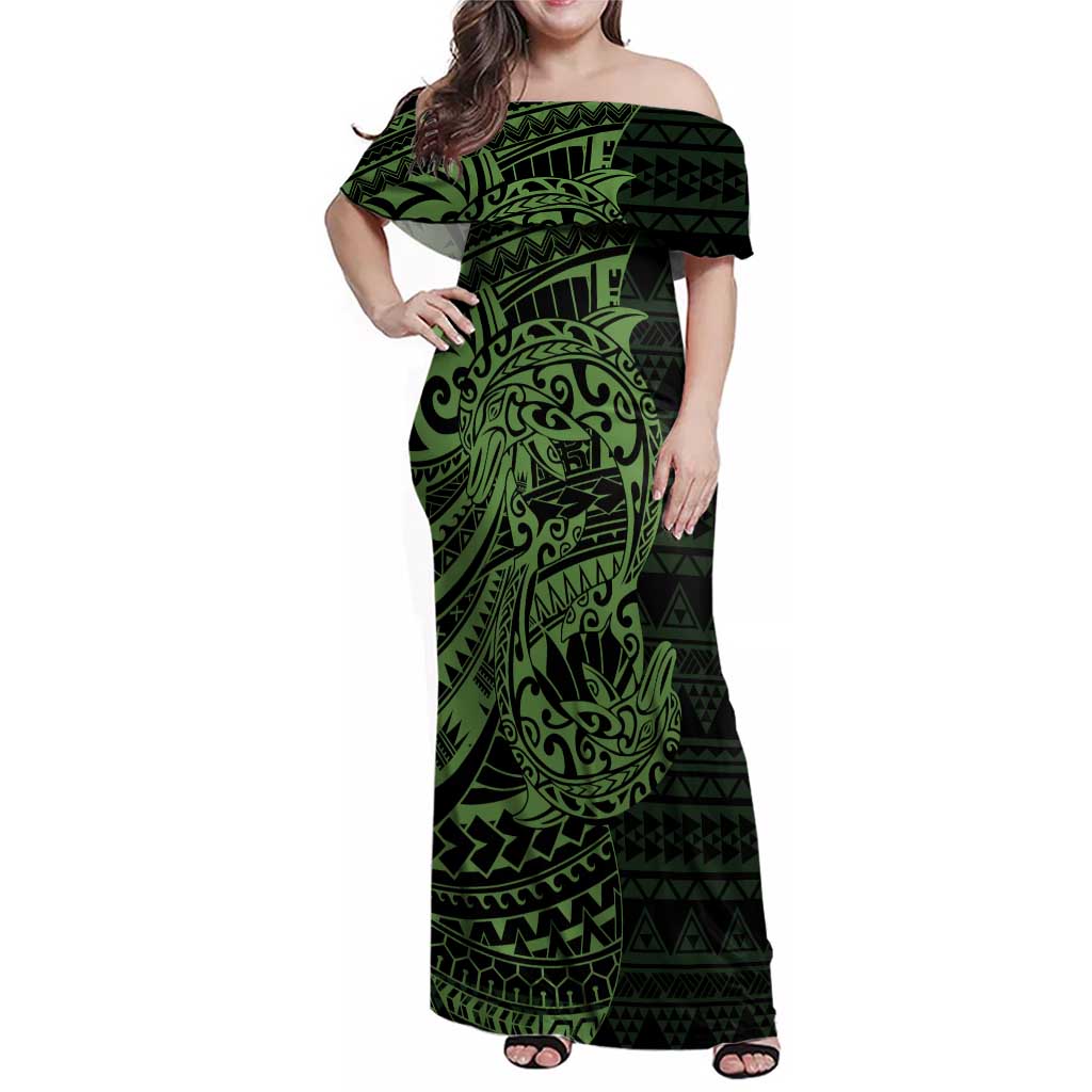 Green Couple Dolphins Maori Polynesian Style Family Matching Off Shoulder Maxi Dress and Hawaiian Shirt LT9 Mom's Dress Green - Polynesian Pride