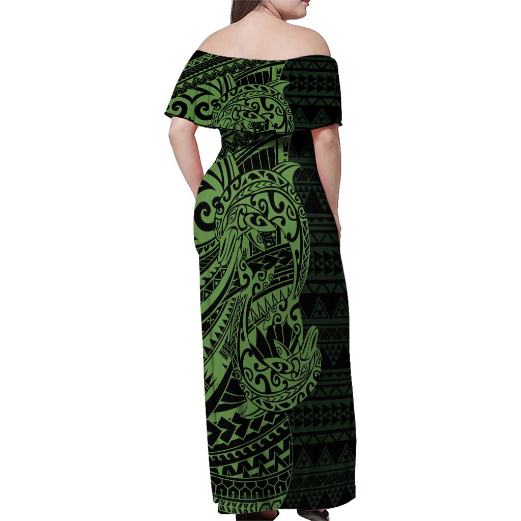 Green Couple Dolphins Maori Polynesian Style Family Matching Off Shoulder Maxi Dress and Hawaiian Shirt LT9 - Polynesian Pride