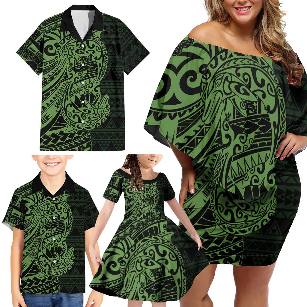 Green Couple Dolphins Maori Polynesian Style Family Matching Off Shoulder Short Dress and Hawaiian Shirt LT9 - Polynesian Pride