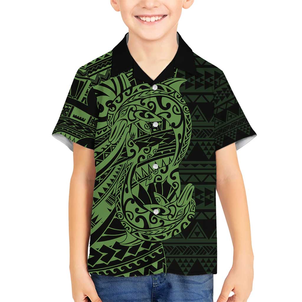 Green Couple Dolphins Maori Polynesian Style Family Matching Off Shoulder Short Dress and Hawaiian Shirt LT9 Son's Shirt Green - Polynesian Pride