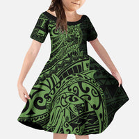 Green Couple Dolphins Maori Polynesian Style Family Matching Short Sleeve Bodycon Dress and Hawaiian Shirt LT9 Daughter's Dress Green - Polynesian Pride