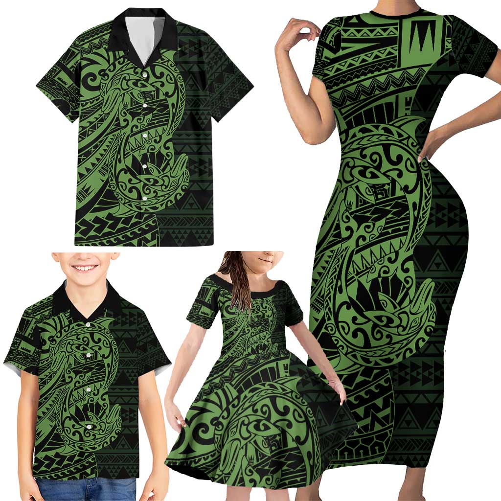 Green Couple Dolphins Maori Polynesian Style Family Matching Short Sleeve Bodycon Dress and Hawaiian Shirt LT9 - Polynesian Pride