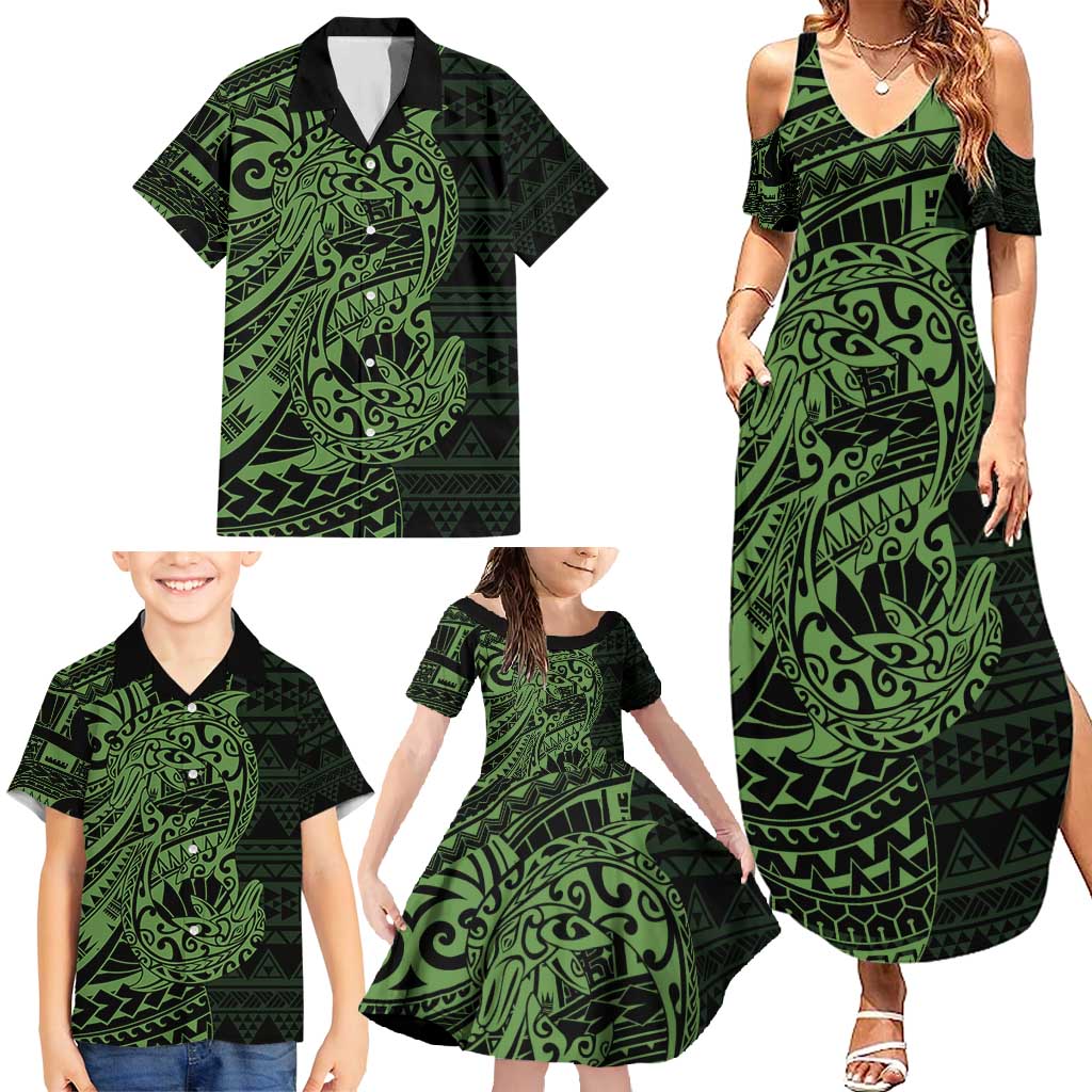 Green Couple Dolphins Maori Polynesian Style Family Matching Summer Maxi Dress and Hawaiian Shirt LT9 - Polynesian Pride