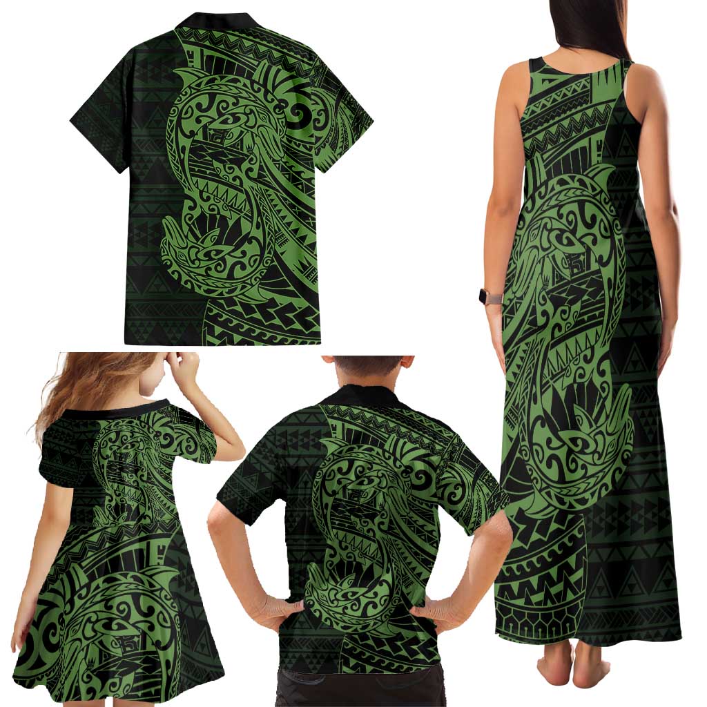 Green Couple Dolphins Maori Polynesian Style Family Matching Tank Maxi Dress and Hawaiian Shirt LT9 - Polynesian Pride