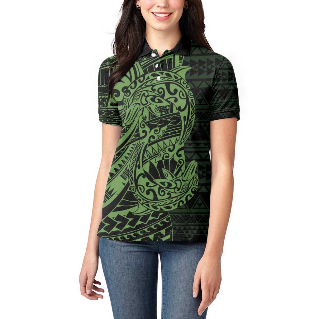 Green Couple Dolphins Maori Polynesian Style Women Polo Shirt