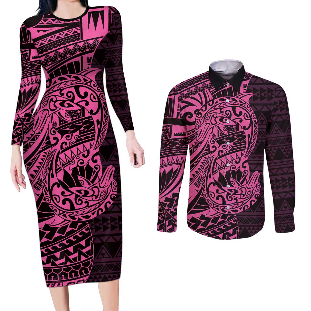 Pink Couple Dolphins Maori Polynesian Style Couples Matching Long Sleeve Bodycon Dress and Long Sleeve Button Shirt LT9 Pink - Polynesian Pride