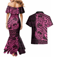 Pink Couple Dolphins Maori Polynesian Style Couples Matching Mermaid Dress and Hawaiian Shirt LT9 - Polynesian Pride
