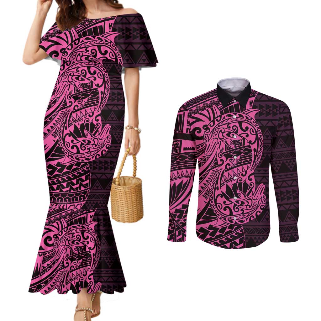 Pink Couple Dolphins Maori Polynesian Style Couples Matching Mermaid Dress and Long Sleeve Button Shirt LT9 Pink - Polynesian Pride