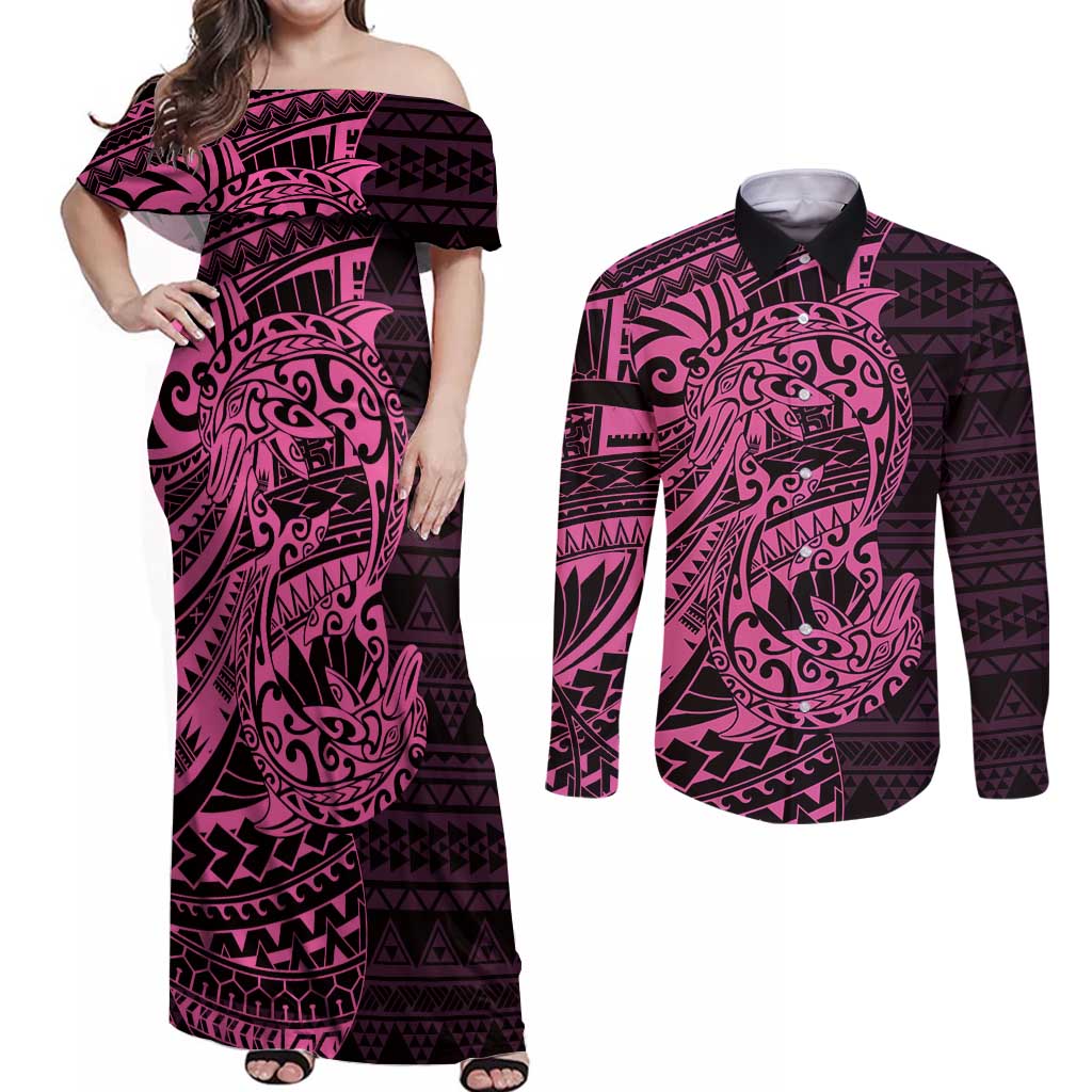 Pink Couple Dolphins Maori Polynesian Style Couples Matching Off Shoulder Maxi Dress and Long Sleeve Button Shirt LT9 Pink - Polynesian Pride
