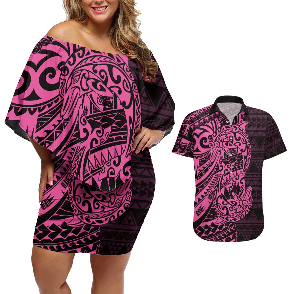 Pink Couple Dolphins Maori Polynesian Style Couples Matching Off Shoulder Short Dress and Hawaiian Shirt LT9 Pink - Polynesian Pride
