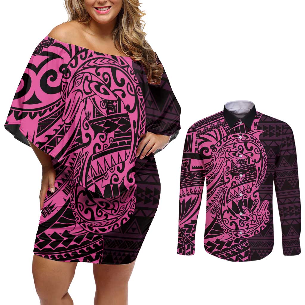 Pink Couple Dolphins Maori Polynesian Style Couples Matching Off Shoulder Short Dress and Long Sleeve Button Shirt LT9 Pink - Polynesian Pride