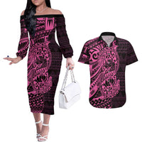 Pink Couple Dolphins Maori Polynesian Style Couples Matching Off The Shoulder Long Sleeve Dress and Hawaiian Shirt LT9 Pink - Polynesian Pride