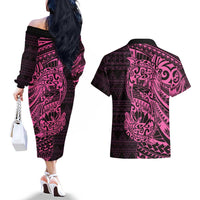 Pink Couple Dolphins Maori Polynesian Style Couples Matching Off The Shoulder Long Sleeve Dress and Hawaiian Shirt LT9 - Polynesian Pride