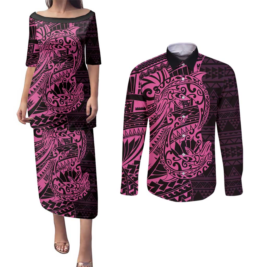 Pink Couple Dolphins Maori Polynesian Style Couples Matching Puletasi and Long Sleeve Button Shirt LT9 Pink - Polynesian Pride