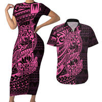 Pink Couple Dolphins Maori Polynesian Style Couples Matching Short Sleeve Bodycon Dress and Hawaiian Shirt LT9 Pink - Polynesian Pride