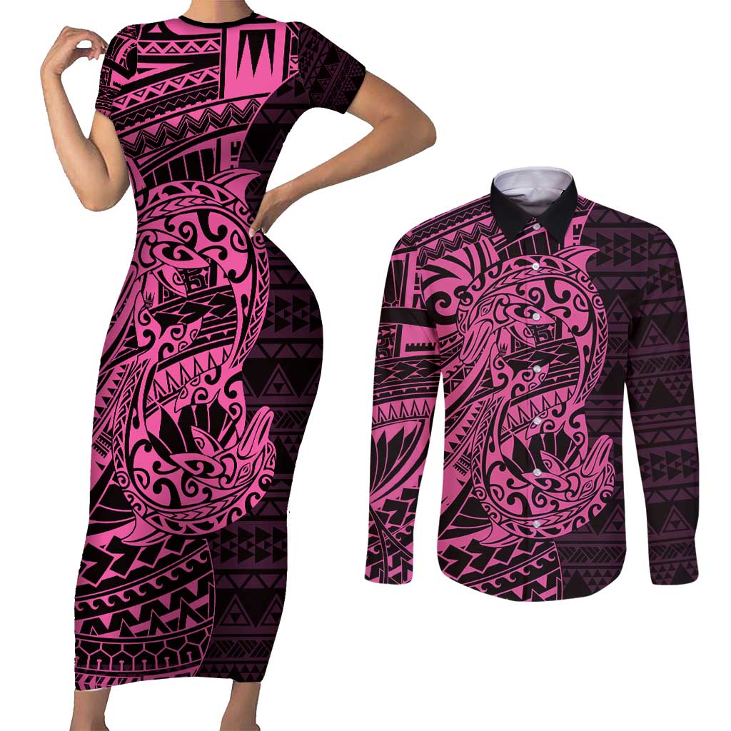 Pink Couple Dolphins Maori Polynesian Style Couples Matching Short Sleeve Bodycon Dress and Long Sleeve Button Shirt LT9 Pink - Polynesian Pride