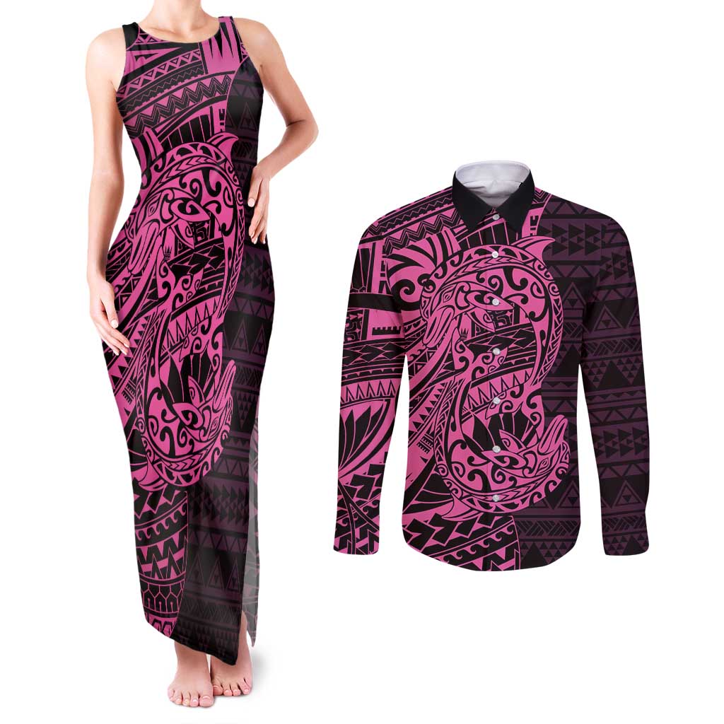 Pink Couple Dolphins Maori Polynesian Style Couples Matching Tank Maxi Dress and Long Sleeve Button Shirt LT9 Pink - Polynesian Pride