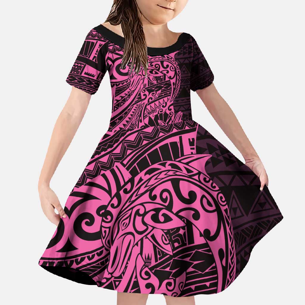 Pink Couple Dolphins Maori Polynesian Style Family Matching Long Sleeve Bodycon Dress and Hawaiian Shirt LT9 Daughter's Dress Pink - Polynesian Pride