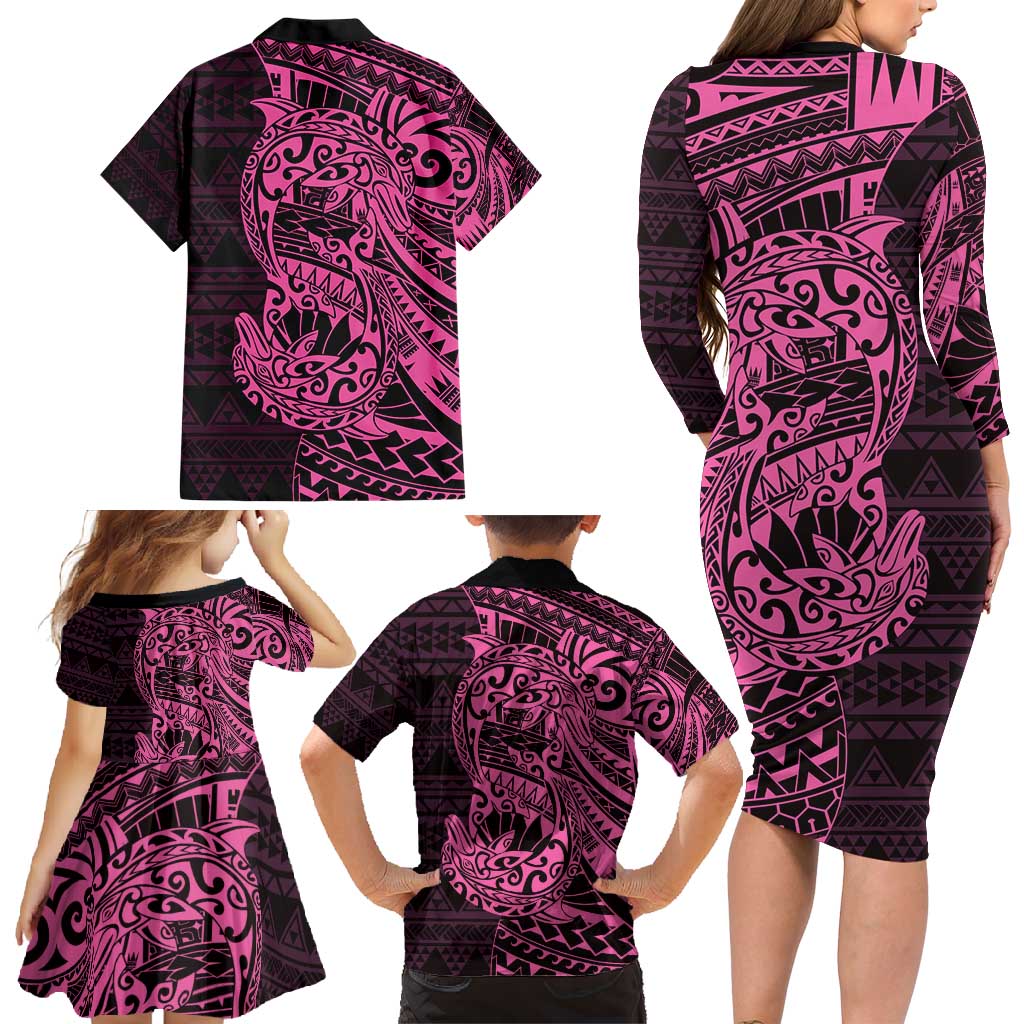 Pink Couple Dolphins Maori Polynesian Style Family Matching Long Sleeve Bodycon Dress and Hawaiian Shirt LT9 - Polynesian Pride