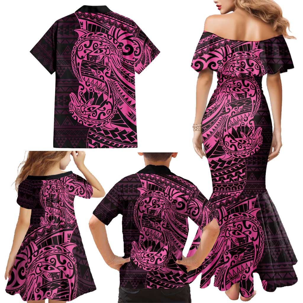 Pink Couple Dolphins Maori Polynesian Style Family Matching Mermaid Dress and Hawaiian Shirt LT9 - Polynesian Pride
