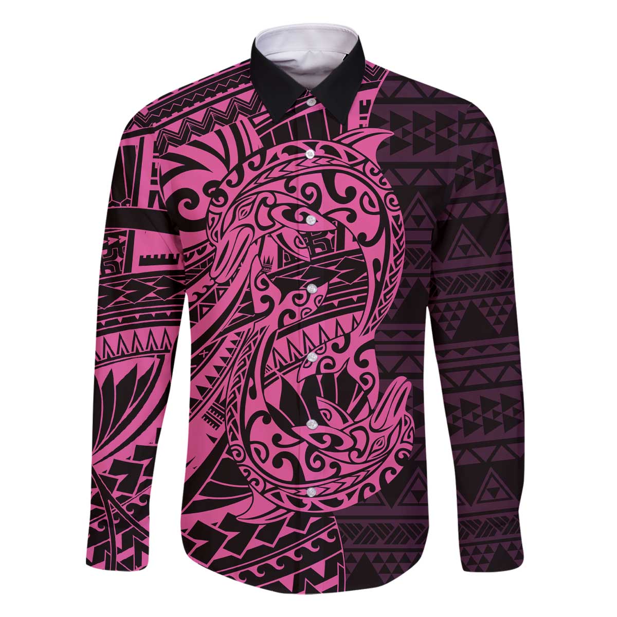 Pink Couple Dolphins Maori Polynesian Style Family Matching Off The Shoulder Long Sleeve Dress and Hawaiian Shirt LT9 Dad's Shirt - Long Sleeve Pink - Polynesian Pride