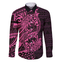 Pink Couple Dolphins Maori Polynesian Style Family Matching Off The Shoulder Long Sleeve Dress and Hawaiian Shirt LT9 Dad's Shirt - Long Sleeve Pink - Polynesian Pride