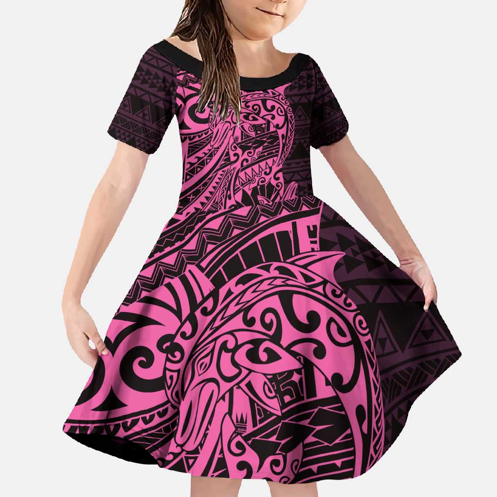 Pink Couple Dolphins Maori Polynesian Style Family Matching Off Shoulder Maxi Dress and Hawaiian Shirt LT9 Daughter's Dress Pink - Polynesian Pride