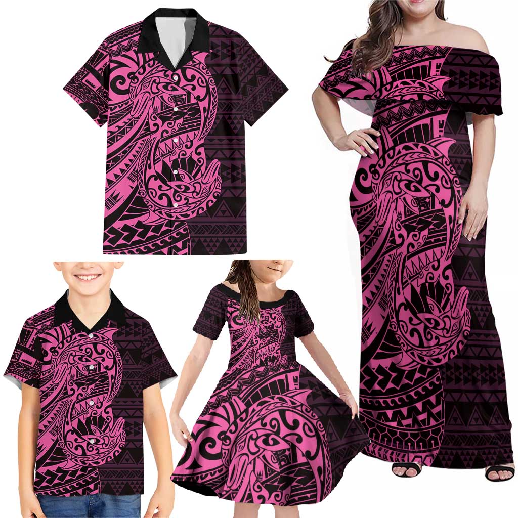 Pink Couple Dolphins Maori Polynesian Style Family Matching Off Shoulder Maxi Dress and Hawaiian Shirt LT9 - Polynesian Pride