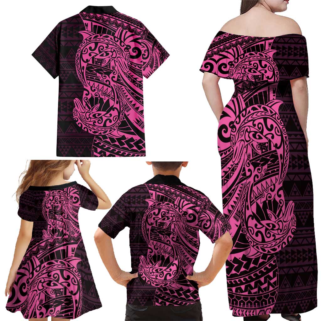 Pink Couple Dolphins Maori Polynesian Style Family Matching Off Shoulder Maxi Dress and Hawaiian Shirt LT9 - Polynesian Pride