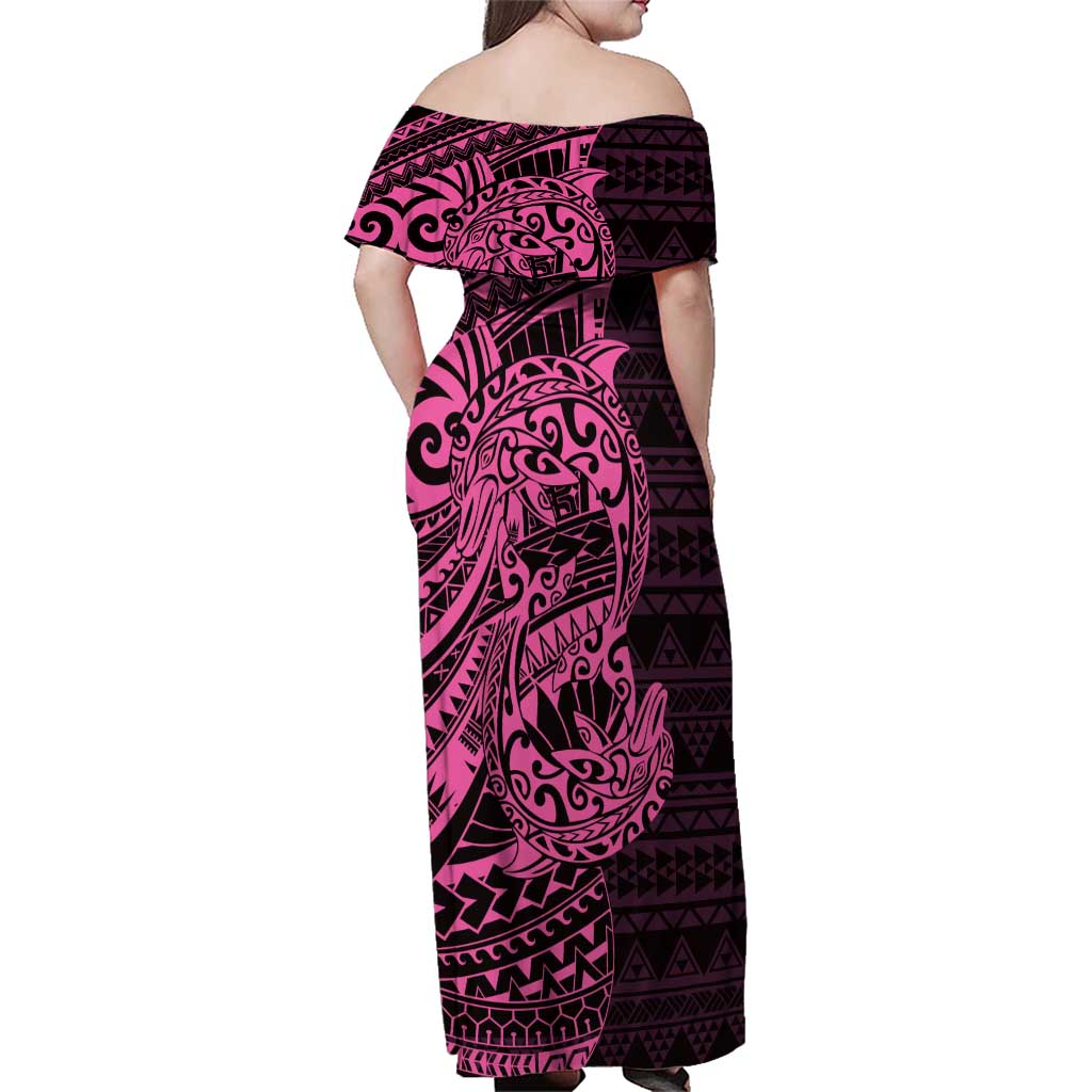 Pink Couple Dolphins Maori Polynesian Style Family Matching Off Shoulder Maxi Dress and Hawaiian Shirt LT9 - Polynesian Pride