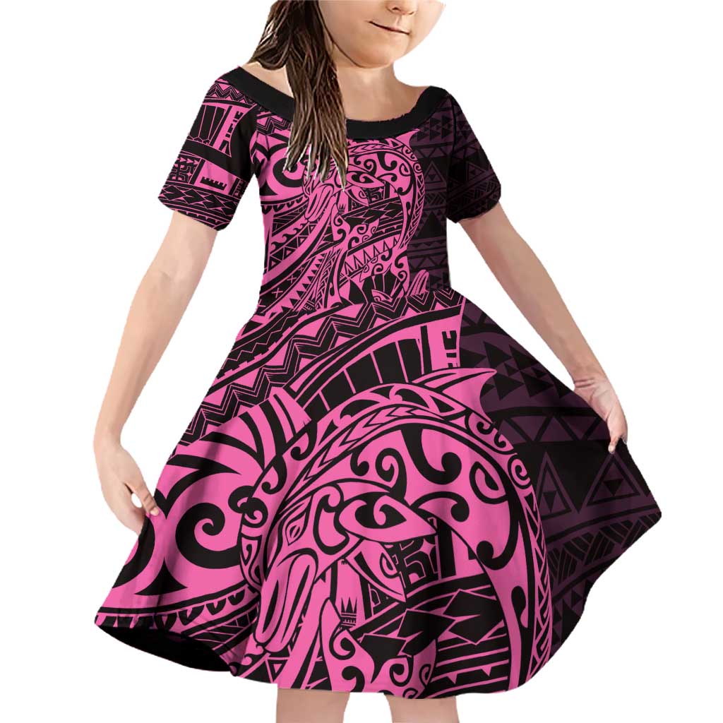Pink Couple Dolphins Maori Polynesian Style Family Matching Off Shoulder Short Dress and Hawaiian Shirt LT9 Daughter's Dress Pink - Polynesian Pride
