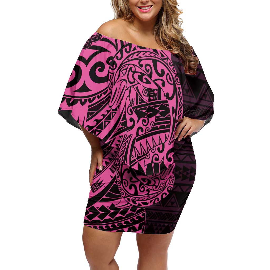 Pink Couple Dolphins Maori Polynesian Style Family Matching Off Shoulder Short Dress and Hawaiian Shirt LT9 Mom's Dress Pink - Polynesian Pride